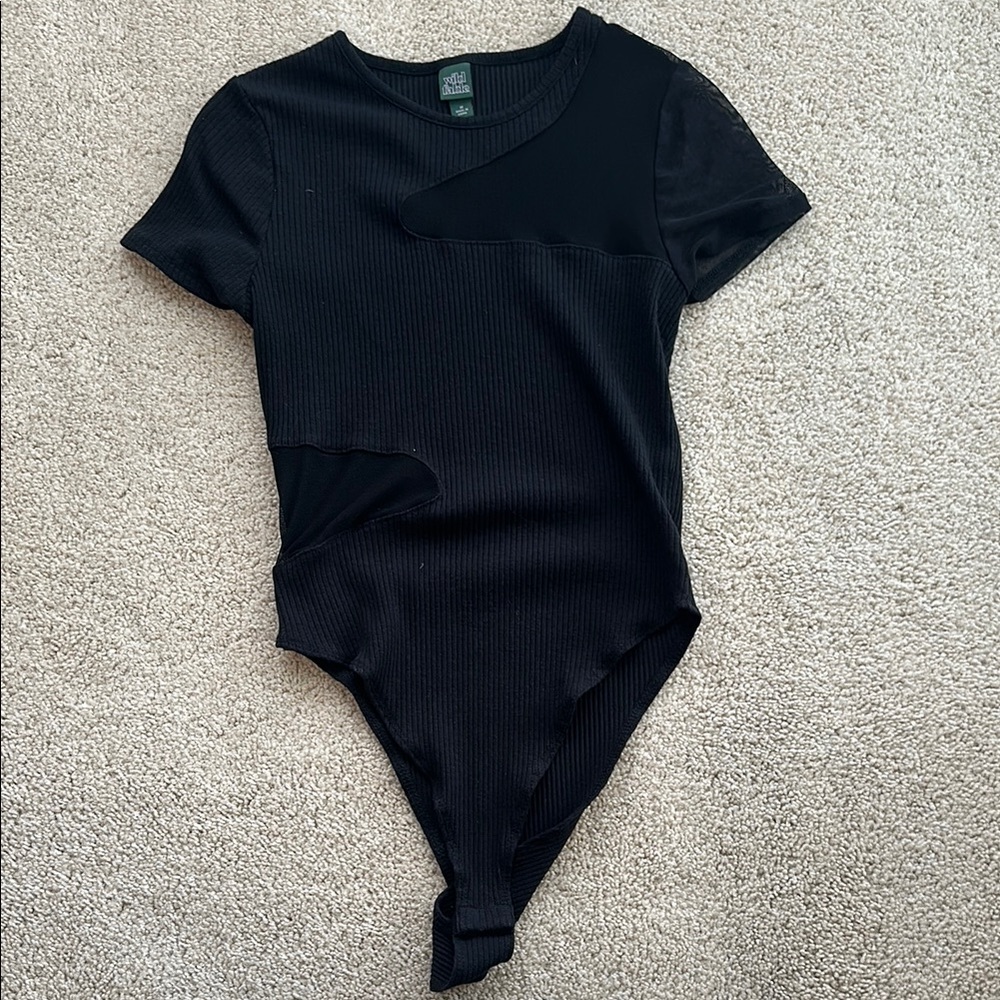 Black Ribbed Asymmetrical Bodysuit